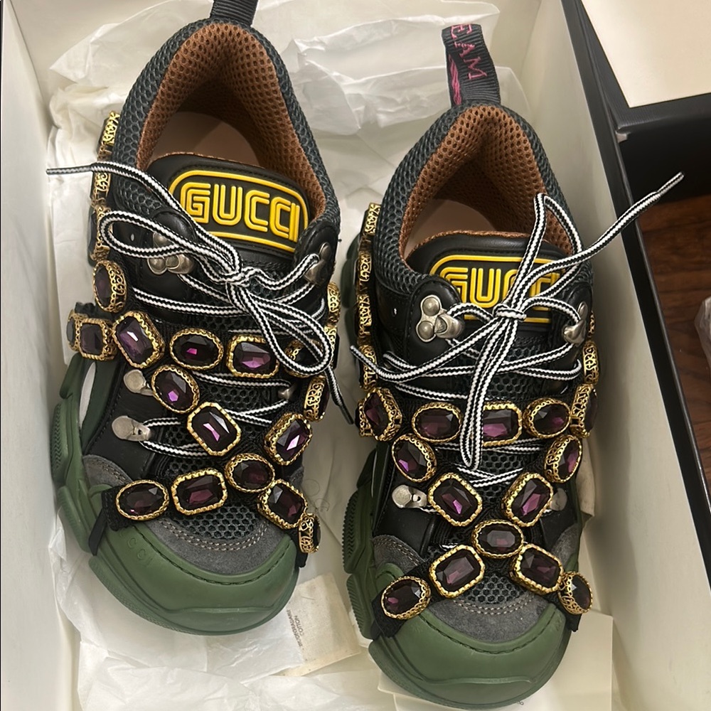 Authentic Gucci Green and Black Sneakers with Purple Accents